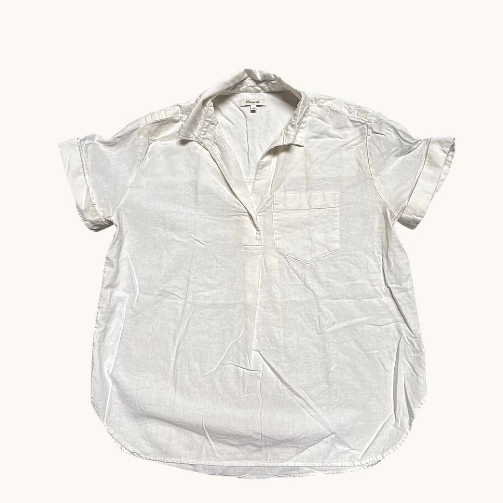 Madewell Womens White Linen Blend Short Sleeve Split Neck Popover Top Size S
